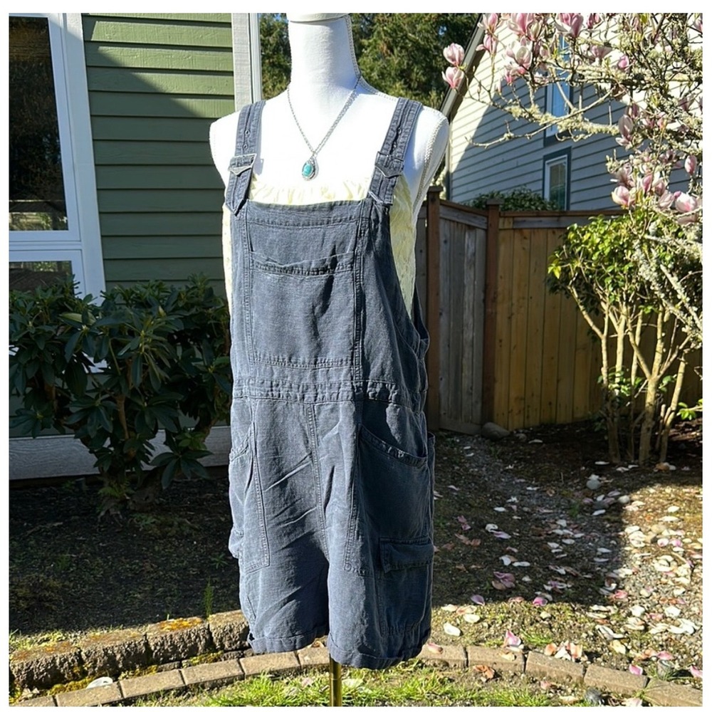 Nicole Miller Blue‎ Denim Linen Blend Cargo Shortall Overalls Womens Size S